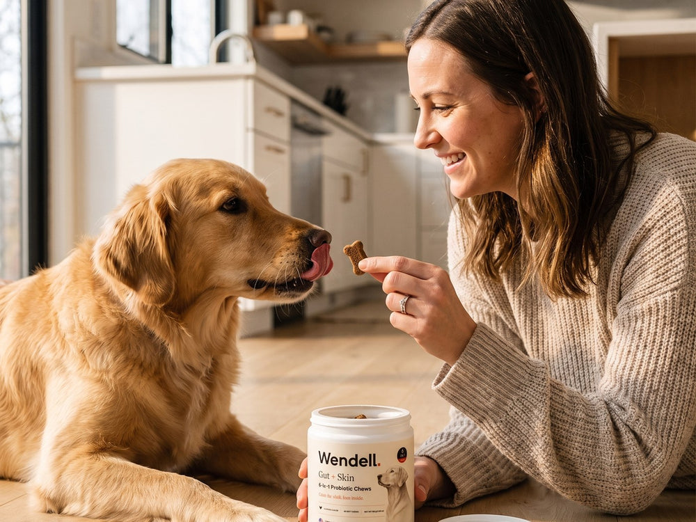 Woman giving her golden retriever a Wendell chew