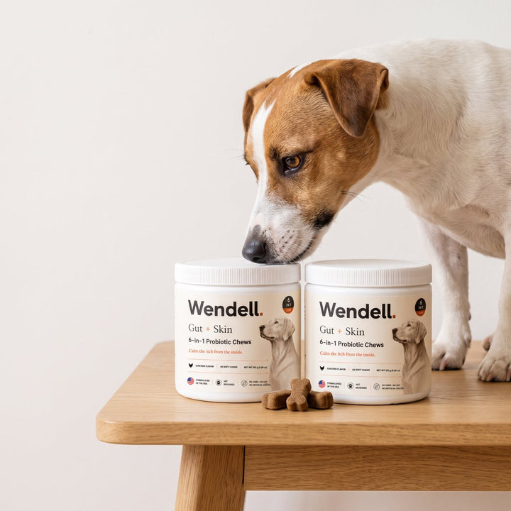 Jack Russell terrier sniffing two tubs of Wendell gut chews