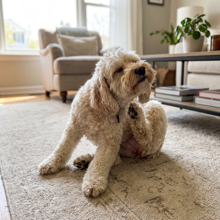 Cockapoo scratching behind his ear with his hind leg